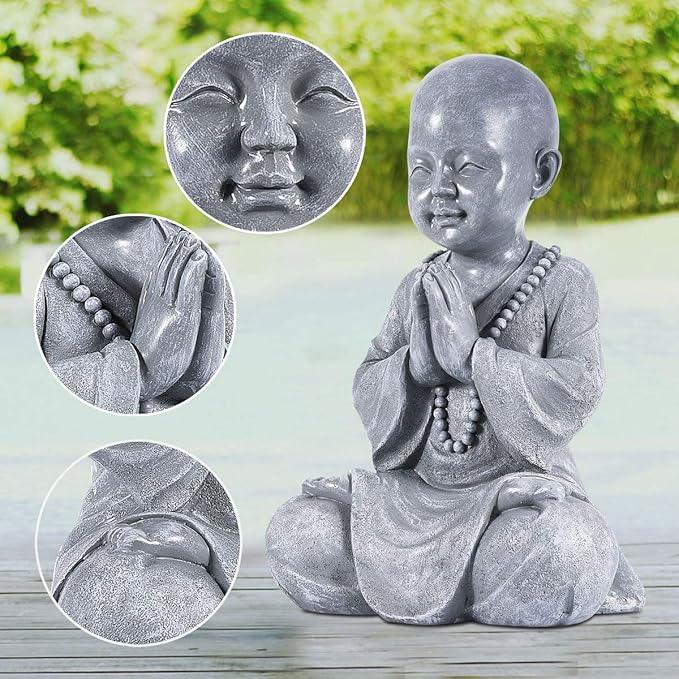 Goodeco Meditating Baby Buddha Statue Figurine - Zen Garden Monk Sculpture,Indoor/Outdoor Decor for Home,Garden Patio Deck Yard Art Decoration- with Natural Wood Beaded Necklace 11.2" (Gray)