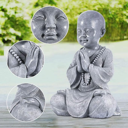Goodeco Meditating Baby Buddha Statue Figurine - Zen Garden Monk Sculpture,Indoor/Outdoor Decor for Home,Garden Patio Deck Yard Art Decoration- with Natural Wood Beaded Necklace 11.2" (Gray)