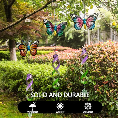 Asense 3 Pcs Hanging Butterfly Wind Spinners with Light Home Garden Decor, Patio Yard Backyard Outdoor Art Outside Decorations Metal Wind Chimes Gifts for Lawn Hanging Pinwheels Crafts Ornaments