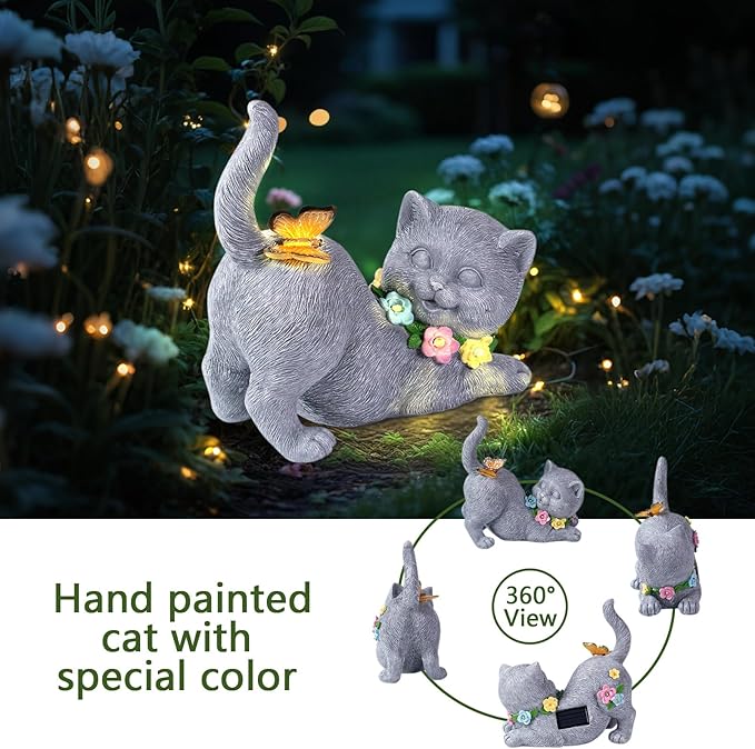 Solar Garden Statue Cat Figurine, Resin Solar Lights with Flower Decor for Outside, Yard Art Patio Balcony Lawn Decorations, Unique Gifts for Mom Grandma Women and Cat Lover (Gray)