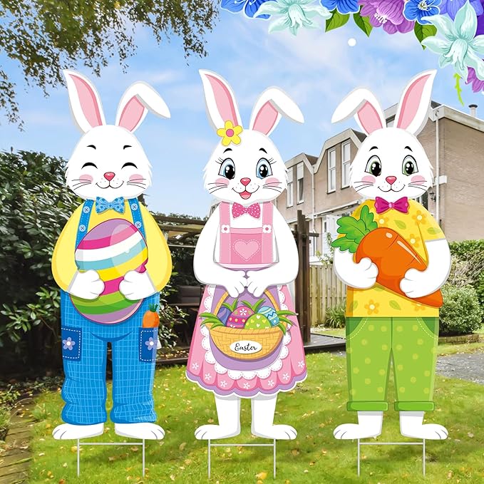 Umigy 3 Pcs Easter Yard Decor Outdoor Bunny Sign with Stakes, Spring 10 x 32 Inch Cute Bunny Egg Carrot Garden Decorations for Party Supplies Prop Patio Lawn