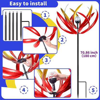 Wind Spinners Outdoor for Yard and Garden - Wind Sculptures & Spinners - 70 Inch Wind Spinner with Solar Powered Multi-Color Glass Ball Light for Yard Garden Backyard Lawn Decorations -Red and Gold