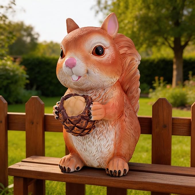 Squirrel Statue Outdoor Decor,7.7''(H) Realistic Eating Squirrel Garden Statues for Yard Lawn,Resin Animal Sculptures Home Porch Patio Table Art Decorations