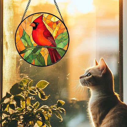 DASTOLL Stained Glass Window Hanging 4 Pcs Set Birds Large 15" - Cardinal Blue Jay Suncatcher Door Garden Sun Catcher Decor Birthday Christmas for Bird Lovers Mom Woman Nana Men
