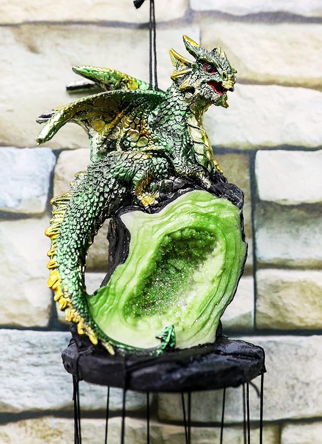 Ebros Gift Medieval Green Dragon Guarding Emerald Crystal Geode Rock Figurine Crown Top Resonant Wind Chime with Miniature Geode Rocks Ornaments for Garden Patio Home Fantasy Dungeons and Dragons