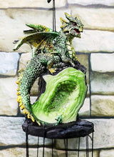 Ebros Gift Medieval Green Dragon Guarding Emerald Crystal Geode Rock Figurine Crown Top Resonant Wind Chime with Miniature Geode Rocks Ornaments for Garden Patio Home Fantasy Dungeons and Dragons
