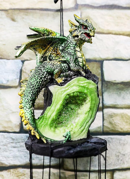 Ebros Gift Medieval Green Dragon Guarding Emerald Crystal Geode Rock Figurine Crown Top Resonant Wind Chime with Miniature Geode Rocks Ornaments for Garden Patio Home Fantasy Dungeons and Dragons