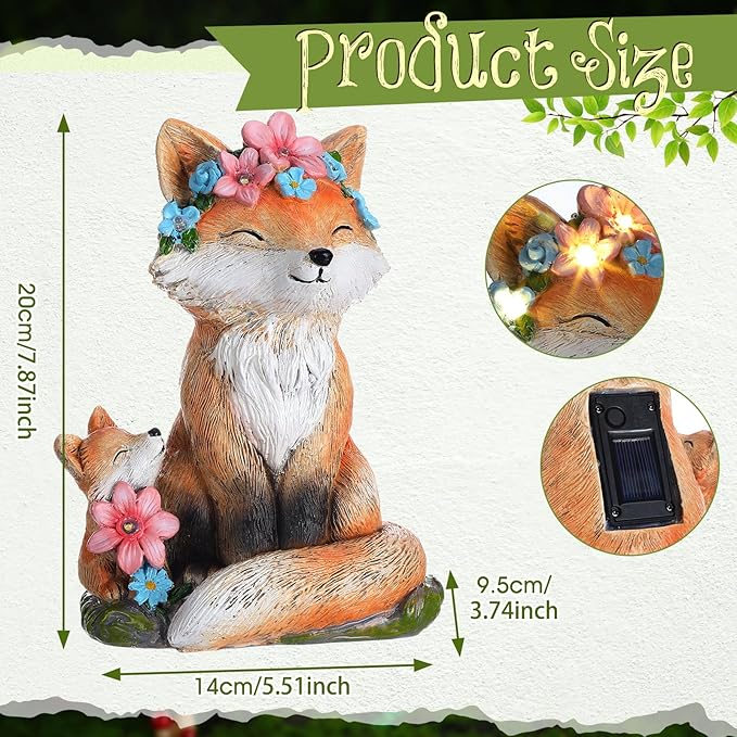 Leinuosen Mom and Baby Fox Gift Statue for Women Solar Powered Garden Decor Outdoor Lighted Resin Mother's Day Fox Gifts for Mama Grandma Patio Porch Yard Lawn Courtyard Backyard Indoor