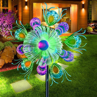 40" Solar Peacock Wind Spinners Garden Stake, Solar Wind Sculpture Yard Art Decorations for Lawn, Patio & Yard & Garden Decor, Metal Green Whirligigs Wind Spinners Outdoor