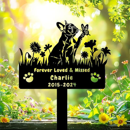 Custom French Bulldog Dog Memorial Grave Marker,Personalized Metal Flora Dog Memorial Stake,Dog Memorial Plaque Burial Stake Engraved Sign,Sympathy Grave Stake for Lost Dog,Dog Headstone
