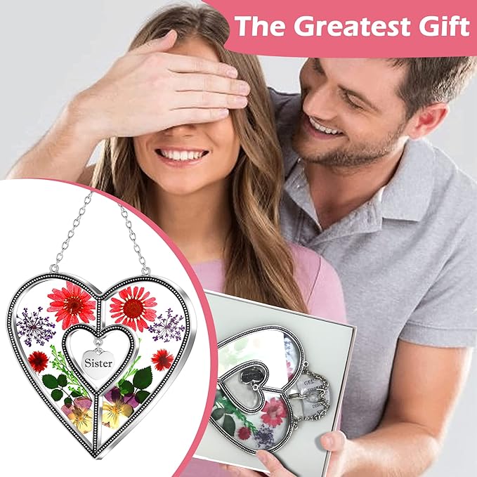 KY&BOSAM Heart Suncatcher Sister Stained Glass Panels Hangings for Windows Sun Catchers with Pressed Real Flower Heart in Glass Birthday Gifts for Women Mothers Day Home Garden Christmas Ornament