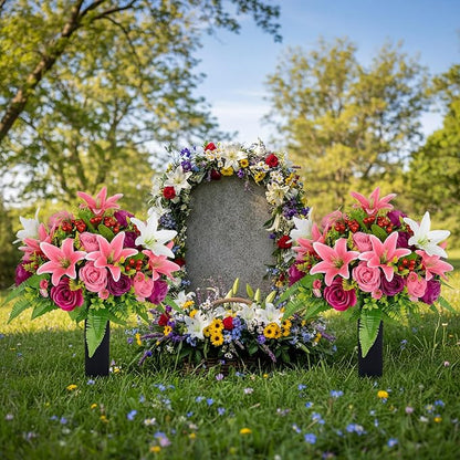 Frienda 2 Sets Cemetery Flowers Grave Stake Metal Floral Decor for Tombstone, Outdoor Gravesite Markers for Mom Dad, Memorial Day Spring Easter Grave Decor(Lily Rose,Pink,White)