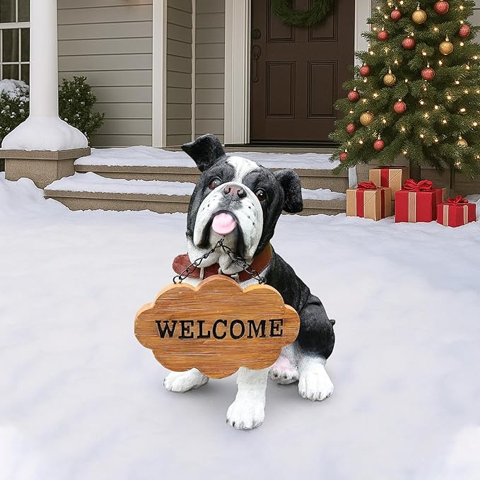 English Bulldog Garden Statue with Solar Lantern & Double-Sided Sign, 12.6" Resin Dog Figurine Outdoor Decor, Black and White Puppy Yard Art for Patio Porch Lawn Ornament, Dog Lover Gifts