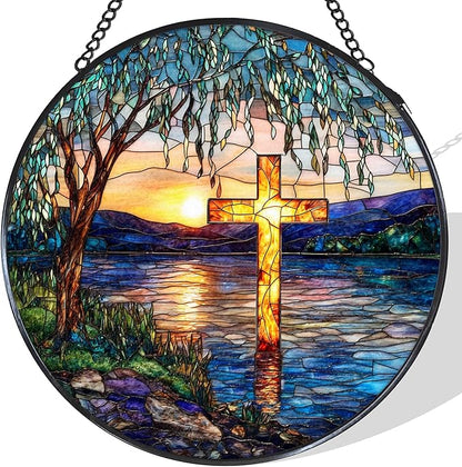 Cross Willow Tree Stained Glass Window Hanging Suncatcher, Christian Willow Sunset Sun Catcher Indoor Window Decor, Religious Painted Glass Round Wall Hanging Decorations, 7.8x7.8 in