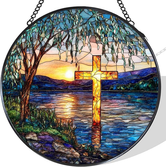 Cross Willow Tree Stained Glass Window Hanging Suncatcher, Christian Willow Sunset Sun Catcher Indoor Window Decor, Religious Painted Glass Round Wall Hanging Decorations, 7.8x7.8 in