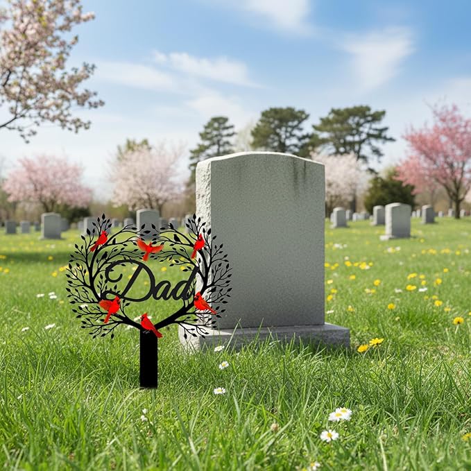 Memorial Grave Stake for Dad with Tree of Life and Cardinals - Metal Sympathy Grave Marker, Rust-Resistant Cemetery Garden Decoration(DAD)