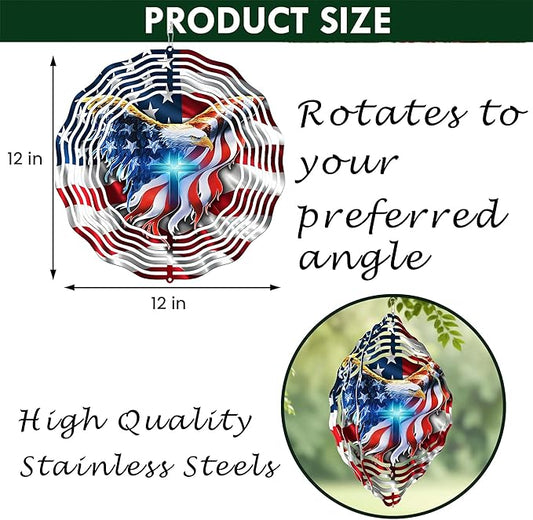 American Flag Wind Spinner 12 Inch - 3D Patriotic Eagle & Christian Cross Outdoor Decor, Stainless Steel Hanging Yard Spinner, Gift for 4th of July, Veterans, Mom, Dad, Home & Garden