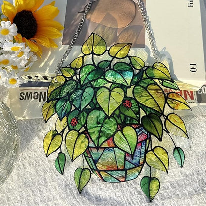 Plant Suncatcher Glass, Stained Glass Suncatcher Plant Window Hanging, Unique Nature Lover Gifts Leaf