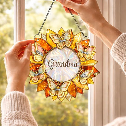 Personalized Grandma Stained Glass Suncatcher, Custom Butterfly Sunflower Window Hanging with Kids Names, Decorative Hanging Ornament for Window Home Decor, Gift for Mother’s Day