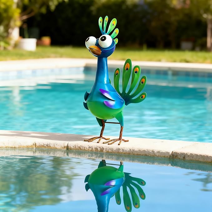 Ratuor Metal Peacock Statue Garden Decor Cartoon Peacock with Bobbling Eyes Yard Art Lawn Patio Decoration Outdoor Sculpture for Housewarming Birthday Wedding
