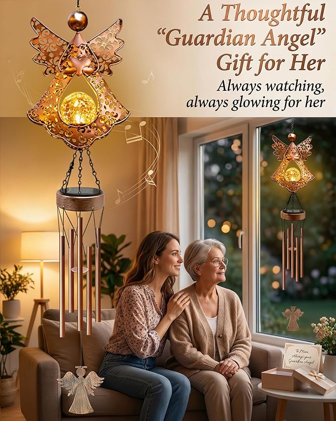 Solar Angel Wind Chimes for Outside: Melodious Mother's Day Birthday Gifts for Mom Women Grandma Her Wife - Weatherproof Metal Outdoor Decor Easy Hanging for Garden Patio Tree Window Memorial