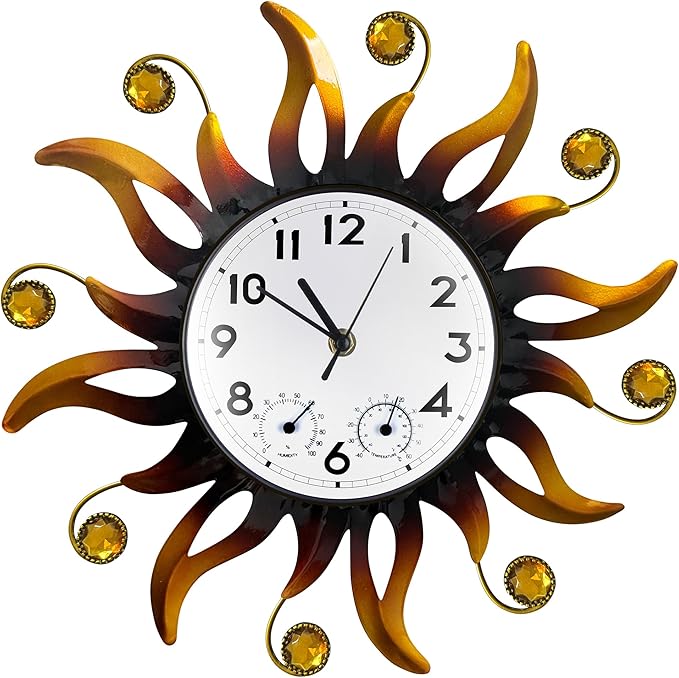 Outable Sun Outdoor Clock Silent No-Ticking Outdoor Clocks Waterproof Decorative Outdoor Clock Thermometer Combo for Patio Garden Outside Decor 13 Inch