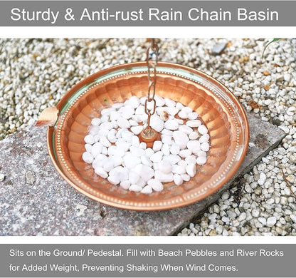 Rain Chain Anchoring Basin, 11” Dia Metal Patina Hammered Rain Chain Downspout Gutters for Outdoor Garden, Bowl for Rain Chain Spill Over with Scupper Pour Spout, Matte Coppery Decorative