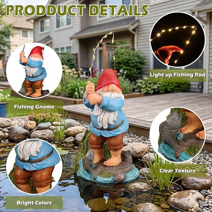 EXYGLO Solar Gnome Garden Decor Statue, 8.5" Fishing Gnome Outdoor Funny Decoration for Lawn, Patio, Yard, and Unique Housewarming, Birthday Ornament Gift for Mother, Friend, Family