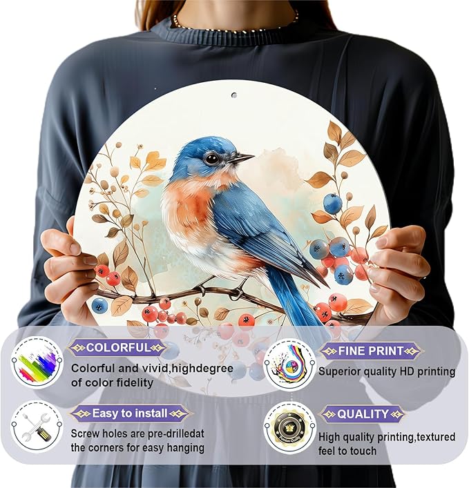 Vintage Blue Bird Watercolor Round Metal Sign Bird Sign Farmhouse Rustic Wreath Wall Decoration for Indoor Outdoor Home Porch Window Decor 12 Inch