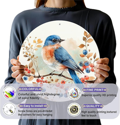 Vintage Blue Bird Watercolor Round Metal Sign Bird Sign Farmhouse Rustic Wreath Wall Decoration for Indoor Outdoor Home Porch Window Decor 12 Inch