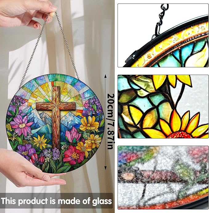 Bimkole Cross Stained Glass Suncatcher Window Hanging - Flowers Indoor Window or Doorway Decoration - Handmade Sun Catcher Decor for Garden Home Christmas & Birthday Gifts 7.87x7.87 Inch