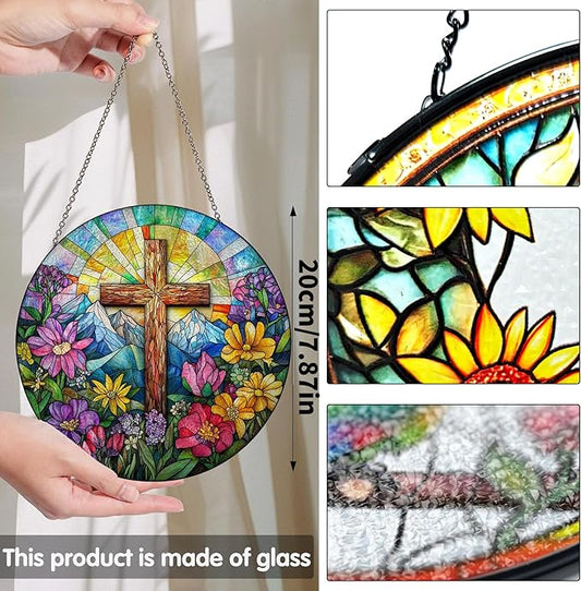 Bimkole Cross Stained Glass Suncatcher Window Hanging - Flowers Indoor Window or Doorway Decoration - Handmade Sun Catcher Decor for Garden Home Christmas & Birthday Gifts 7.87x7.87 Inch