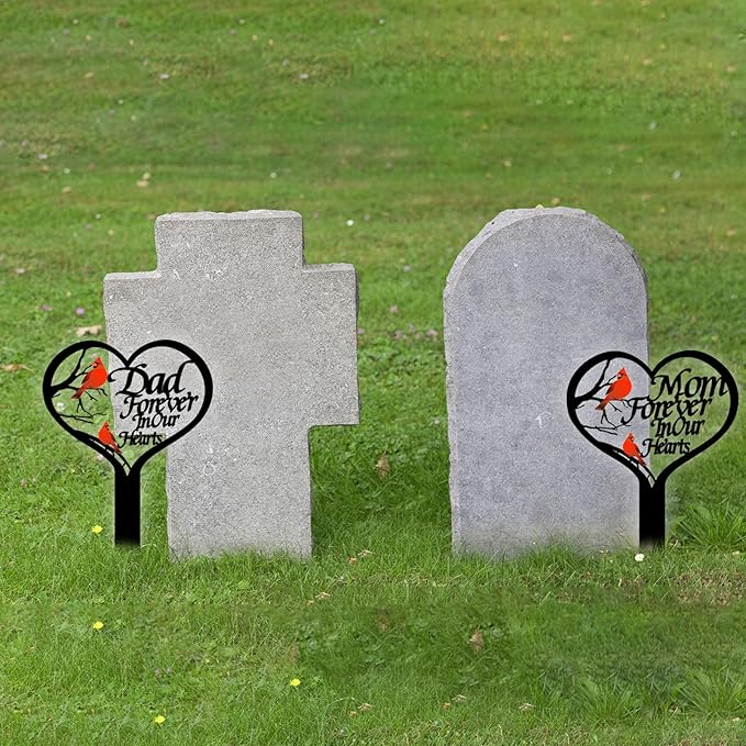 OZIO Memorial Grave Markers for Cemetery, Heart Memorial Plaque Stake Cardinals Garden Stake Memorial Metal Grave Stake Decoration for Mom Dad Cemetery Outdoors Yard Garden