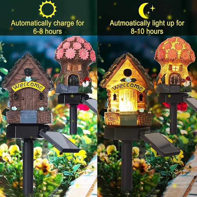 Rossesay 2 Pack Mushroom Fairy House Solar Light Spring Outdoor Garden Home Statue LED Light Fairy Lights for Outside Spring Garden Lawn Walkway Patio Yard Backyard Plant Decoration