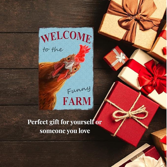 Funny Chicken Sign, Metal Chicken Coop Tin Signs, Welcome to the funny farm, Yard Sign Garage Farm Garden Wall Decor Sign Plaque Outdoor for Home Fence 8 X 12 Inches