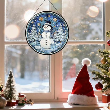 Christmas Snowman Stained Glass Window Hanging, 7.9" Snowman Sun Catcher Glass Panel with Chain, Xmas Snowmen Hand Painted Round Glass Gifts for Couples, Christmas Snowmen Housewarming Gift