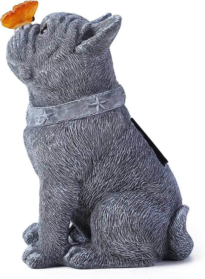 Solar French Bulldog Garden Statue with Butterfly, Outdoor Frenchie Sculpture Decor for Patio, Yard & Lawn, Unique French Bulldog Gifts & Dog Memorial Statue,10 Inch, Resin (Grey Stone)
