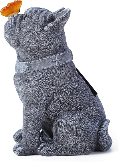 Solar French Bulldog Garden Statue with Butterfly, Outdoor Frenchie Sculpture Decor for Patio, Yard & Lawn, Unique French Bulldog Gifts & Dog Memorial Statue,10 Inch, Resin (Grey Stone)