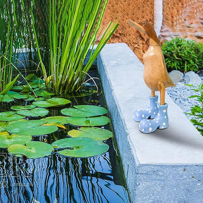 Wooden Crafted Duck Figurine with Spotty Wellies Funny Standing Duck Statues Decorative Resin Rain Boot Animal Sculpture Collectible Crafts Waterproof Garden Lawn Ornament (Blue, 9.8Inch)