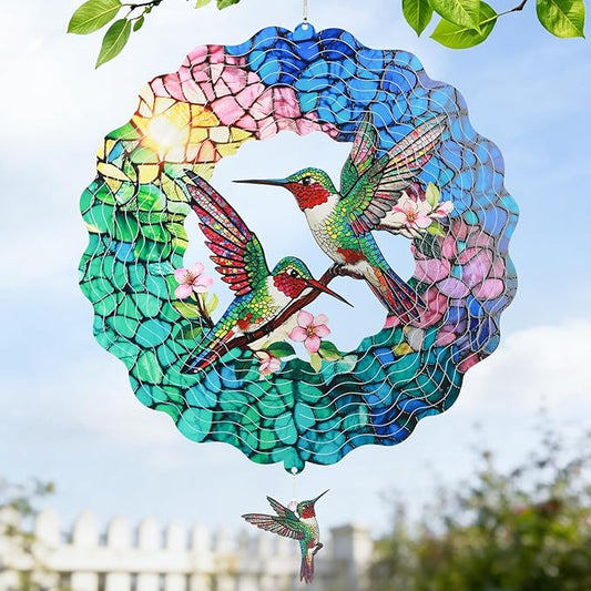 Hummingbird Wind Spinners Outdoor, IDEA SHOW 12In Stainless Steel Wind Spinners Outside, 3D Kinetic Hanging Spinners Sculpture for Women Mom, Metal Garden Decor Ornaments for Patio Yard Art