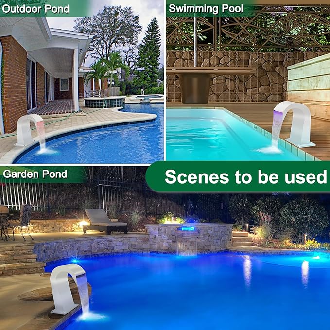 LONGRUN Waterfall Spillway Stainless Steel S-Shaped Pool Fountain, RF & APP Controled Colorful LED Light Pond Waterfalls for Indoor Outdoor Garden Rockery Koi Pond Swimming Pools-16.7" Height