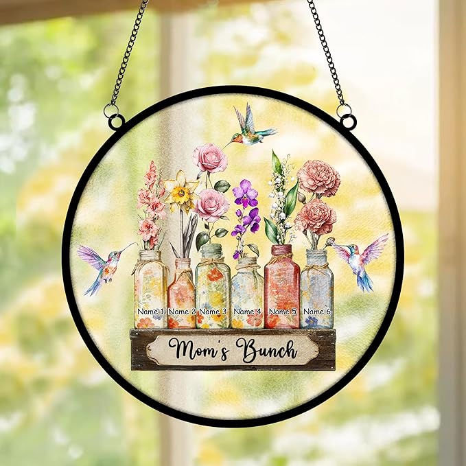 Personalized Mother's Day Suncatcher, Custom Name Birth Month Flowers Mom’s Bunch Window Hanging, Mothers Day Christmas Birthday Gifts for Mom from Daughter Son (Style 01)