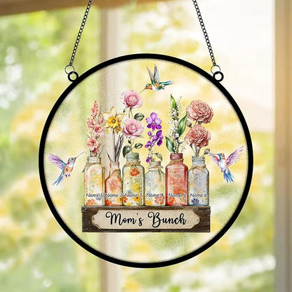 Personalized Mother's Day Suncatcher, Custom Name Birth Month Flowers Mom’s Bunch Window Hanging, Mothers Day Christmas Birthday Gifts for Mom from Daughter Son (Style 01)