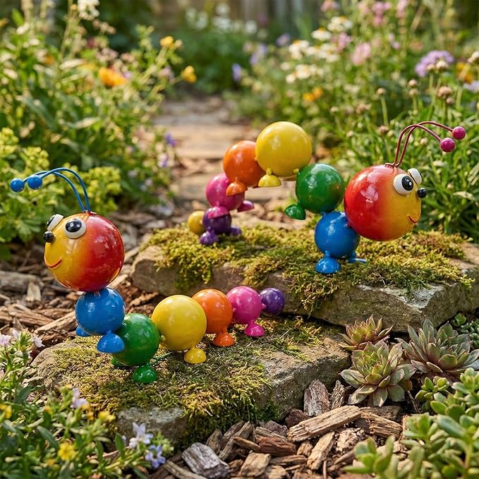 Metal Caterpillar Statue Indoor Outdoor Vivid Yard Art Garden Decor for Outside Patio Lawn Ornaments Fence Decorations Gift for Family Friends Garden Lovers 2 Pack(Color & Curved)