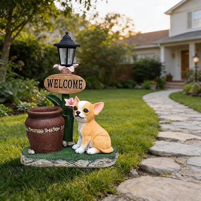 Solar Garden Statue with Planter & Solar Lantern, Outdoor Resin Animal Sculpture, Waterproof Yard Lawn Decor Pot for Succulents, Front Porch Ornament Housewarming Gift (Sitting Corgi)