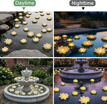24PCS Lotus Floating Pond Lights, Warm LED LightsWaterproof Battery Powered, Floating Flowers for Pool Weddings Gardens Pond Parties Outdoor Decorations (White, 6", 4")