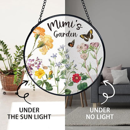 TNUW Mimi Gifts Stained Glass Window Hanging, Best Grandma Gifts from Grandkids Sun Catchers Indoor Window Glass Round Wall Art Decor, Mimi's Garden Wall Hanging Decorations, 7.9＂x7.9＂