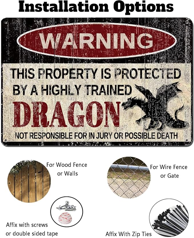 Vintage Dragon Metal Sign Warning This Property is Protected by Highly Trained Dragon Yard Sign Outdoor Home Wall Decor 12x8Inch