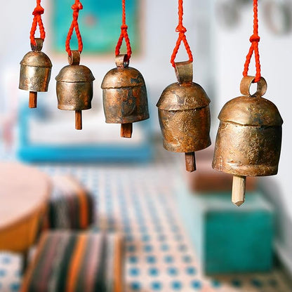 Handmade Rustic Wind Chimes with 5 Brass-Coated Metal Bells (30") – Boho Hanging Bell for Outdoor Patio, Lawn, Balcony, Garden, Door, Farmhouse & Vintage Christmas Decor