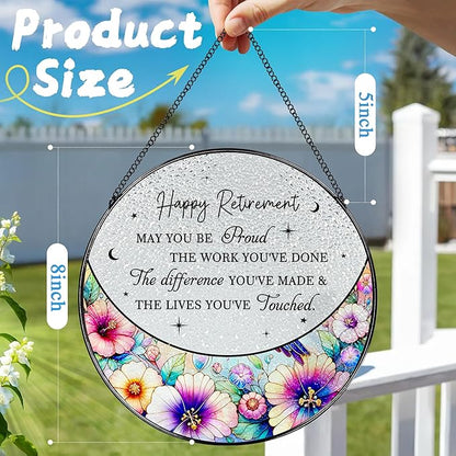 8” Stained Glass Suncatcher Ornament – Floral Retirement Window Hanging Decorations, Retirement Gifts & Retired Gifts for Women, Men, Friends, Coworkers, Teachers - Style C